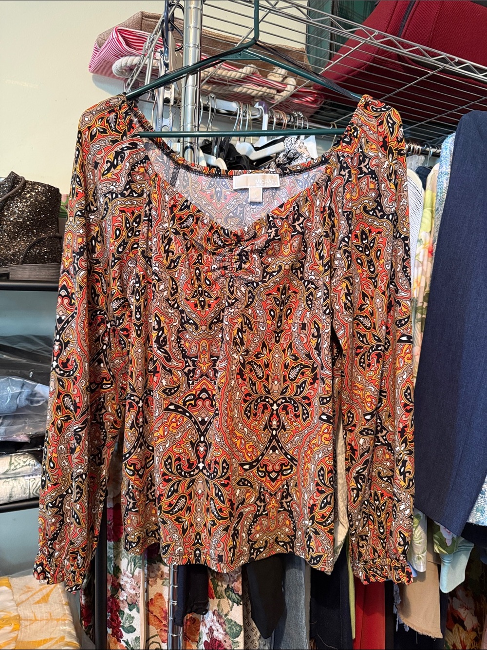 Michael Kors Paisley-Print Long Sleeve Top - Brown/Orange/Black